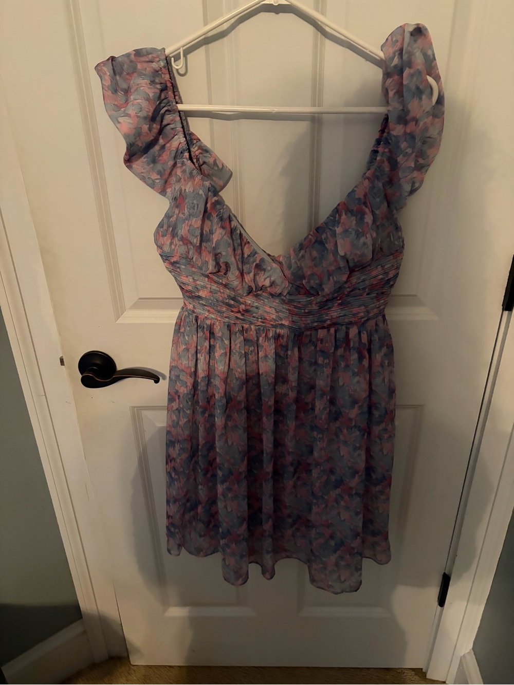 Floral Ruffle V-Neck Summer Dress in Blue and Pink